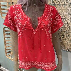 American Eagle Outfitters Red Embroidered Blouse